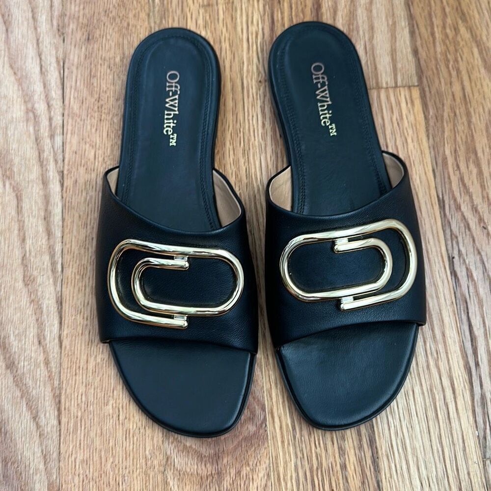 Off-White Paperclip Slide Sandals Black Gold Leather Women EU 37 Designer Flats